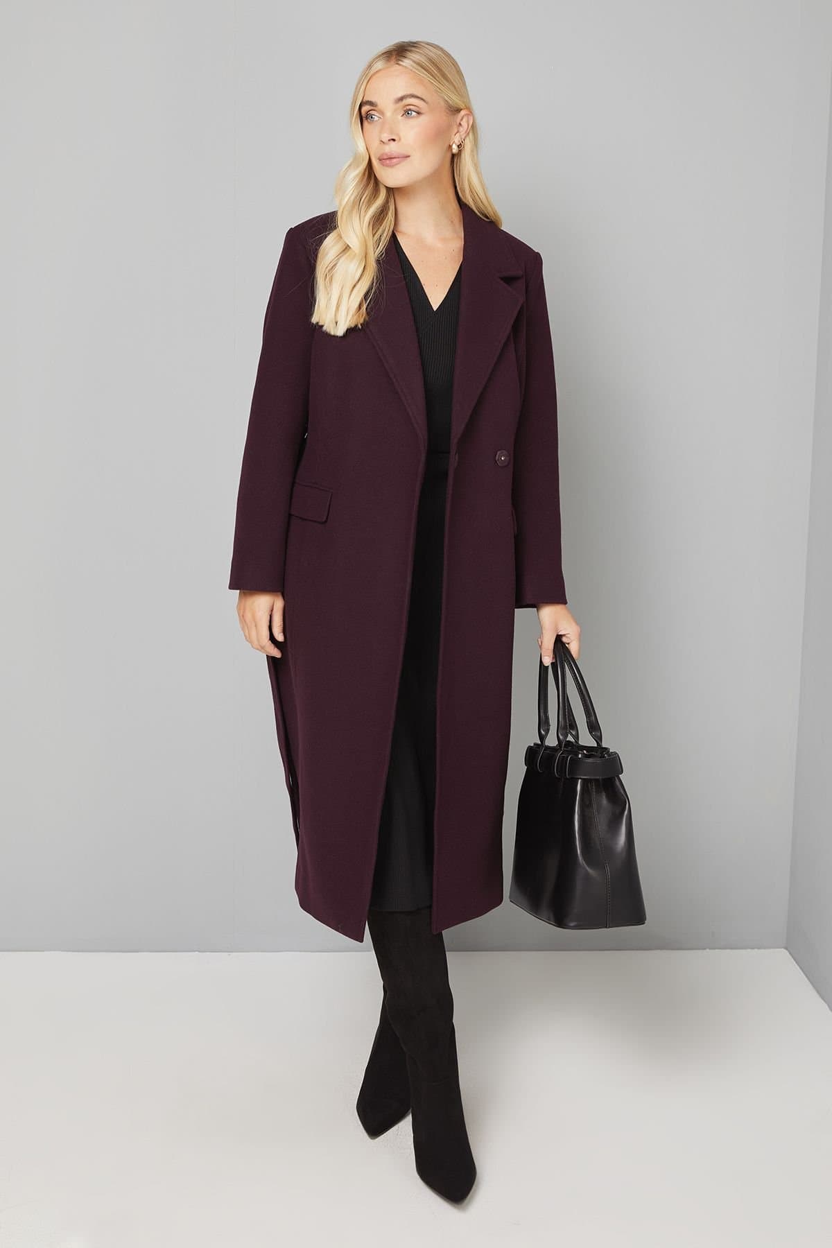 Wallis Wallis Women's Petite Longline Belted Coat With Splits in Berry