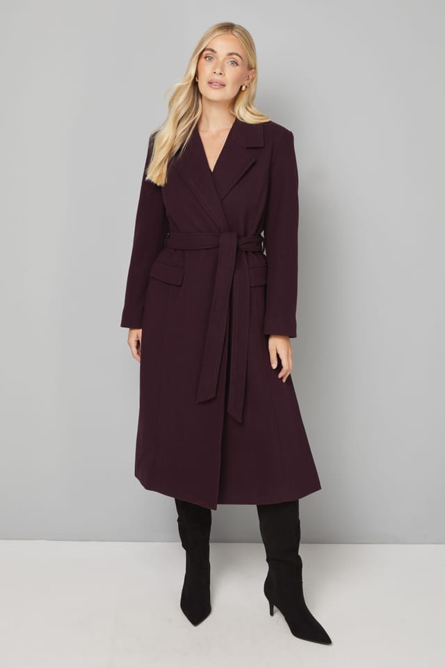 Wallis Wallis Women's Petite Longline Belted Coat With Splits in Berry - 2