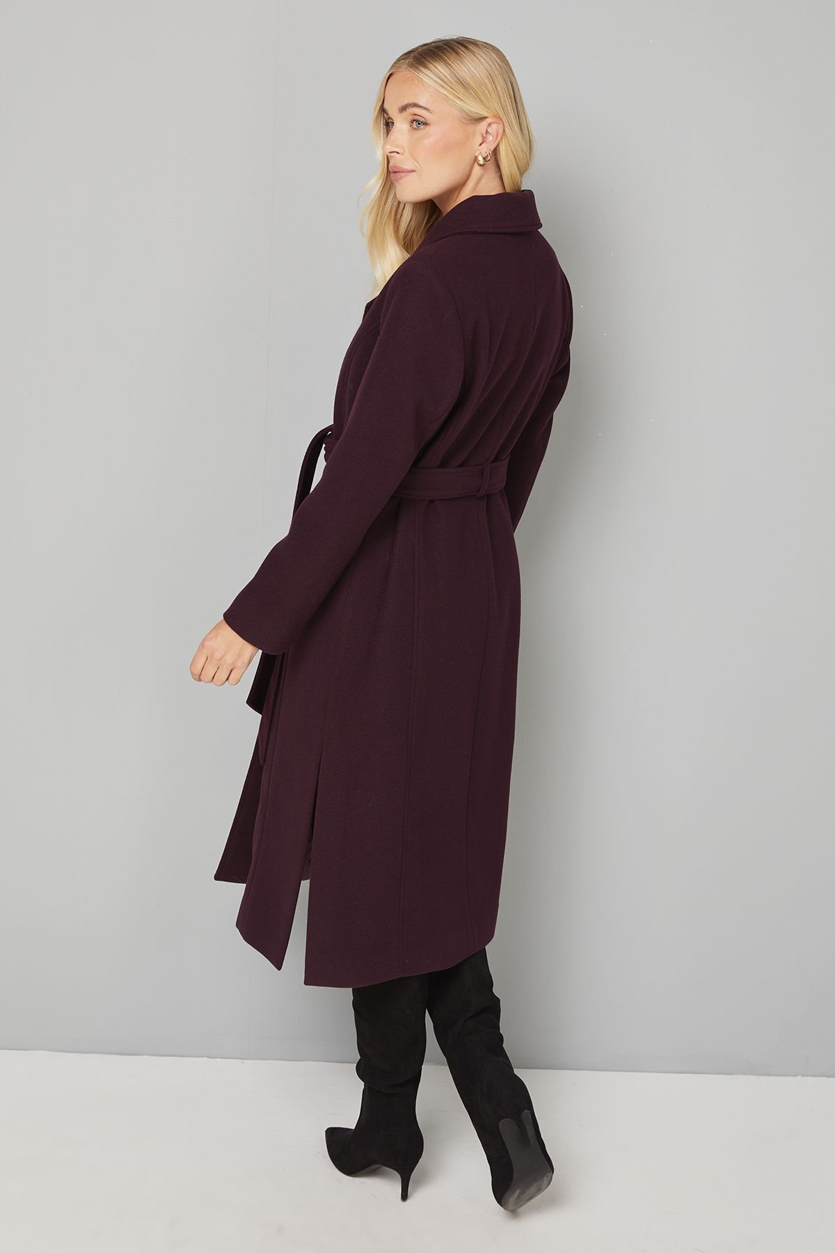 Wallis Wallis Women's Petite Longline Belted Coat With Splits in Berry - 3