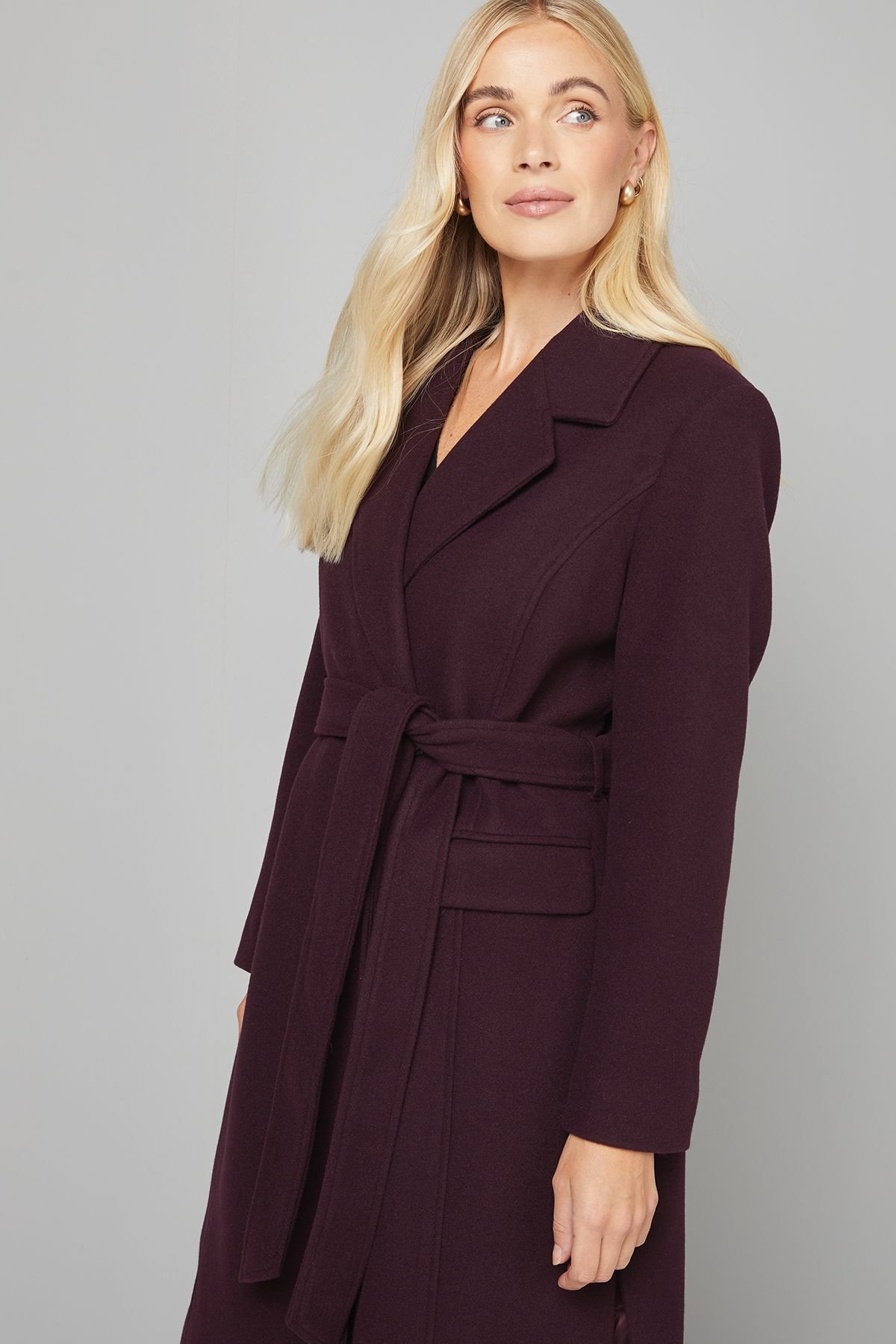 Wallis Wallis Women's Petite Longline Belted Coat With Splits in Berry - 4