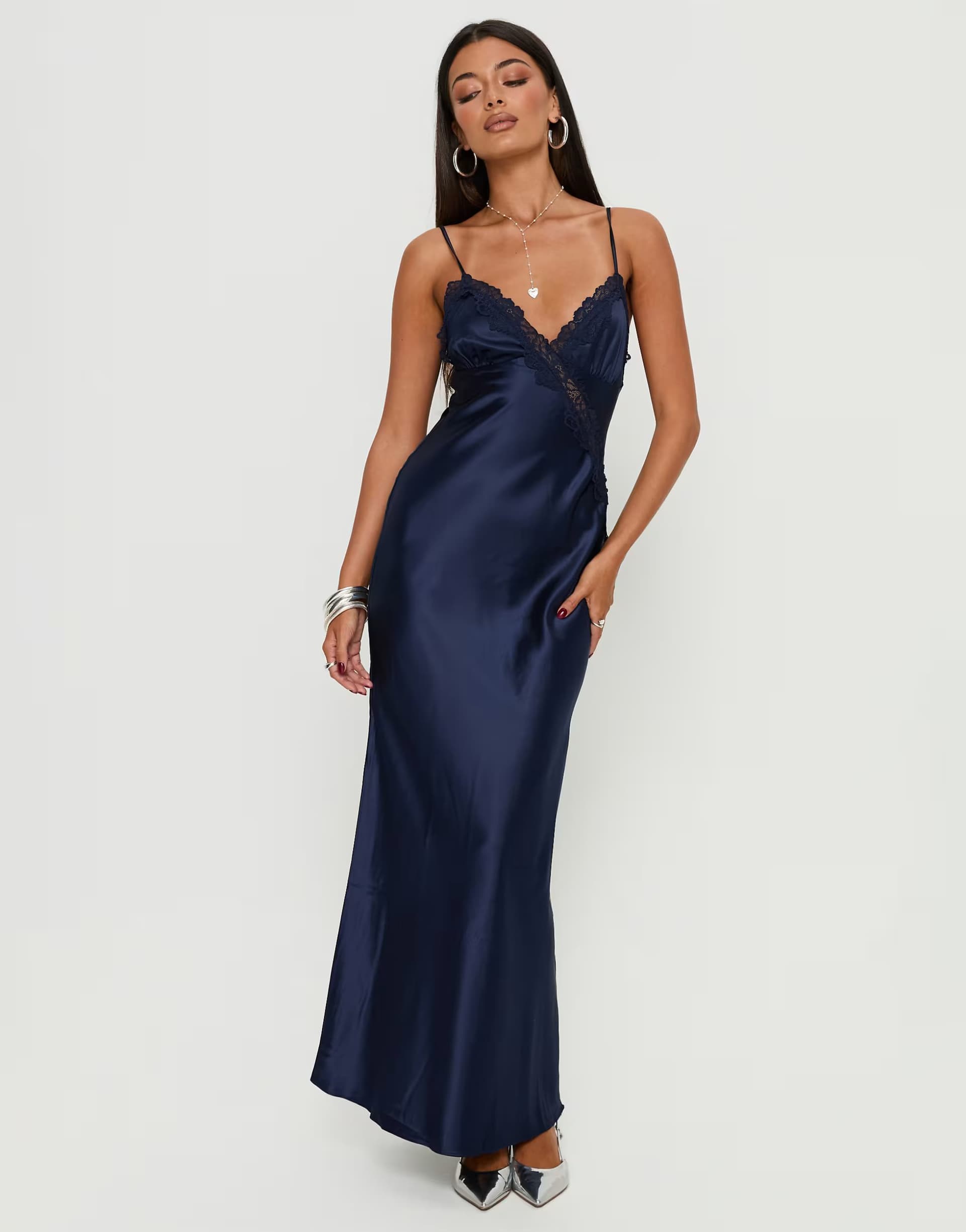 ASOS Princess Polly Madelene satin lace trim cami maxi dress in navy
