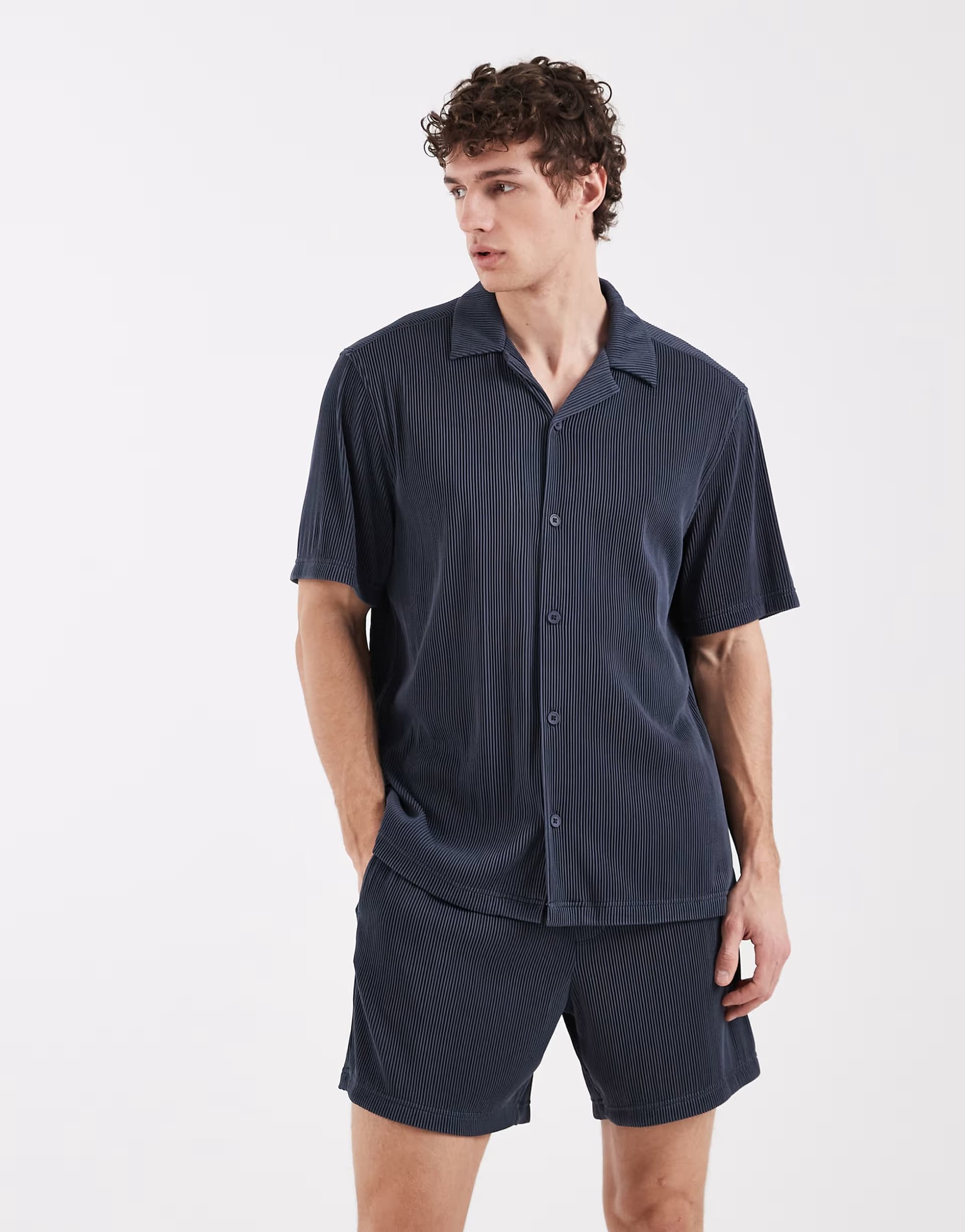 ASOS ASOS DESIGN co-ord regular fit revere plisse shirt in blue