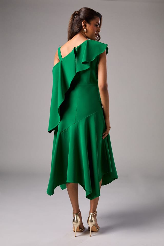 Coast Coast Women's Petite One Shoulder Ruffle Crepe Midi Wedding Guest Dress in Emerald - 3