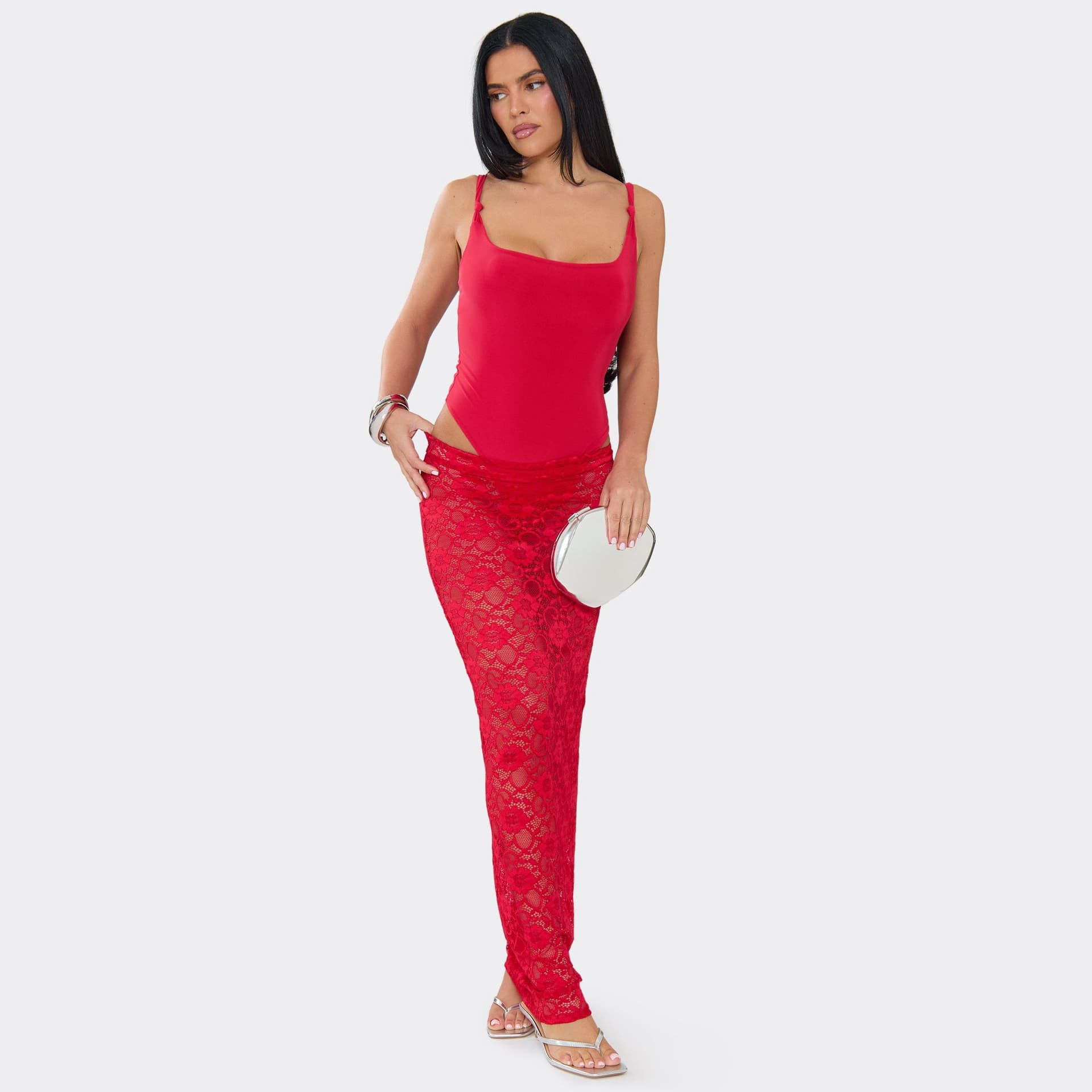 EGO Low Waist Detail Maxi Skirt In Red Lace, Women's Size UK 6
