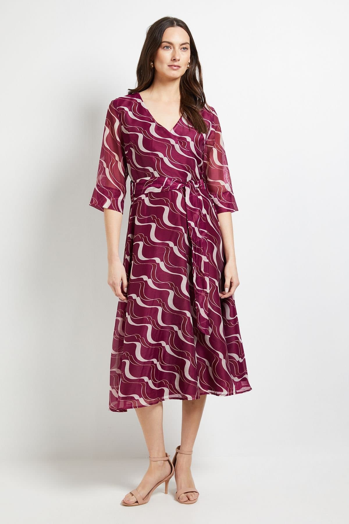 Principles Principles Women's Abstract Organza Belted Midi Dress in Berry