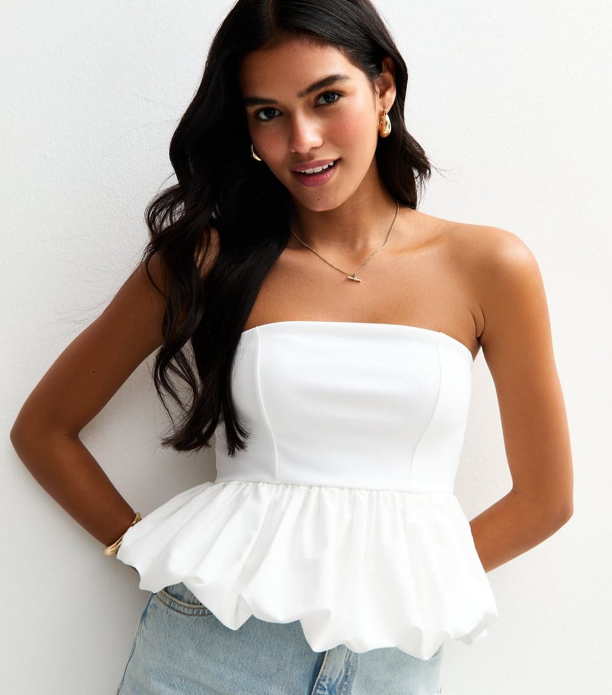 New Look Women's White Bubble Hem Bandeau Top New Look