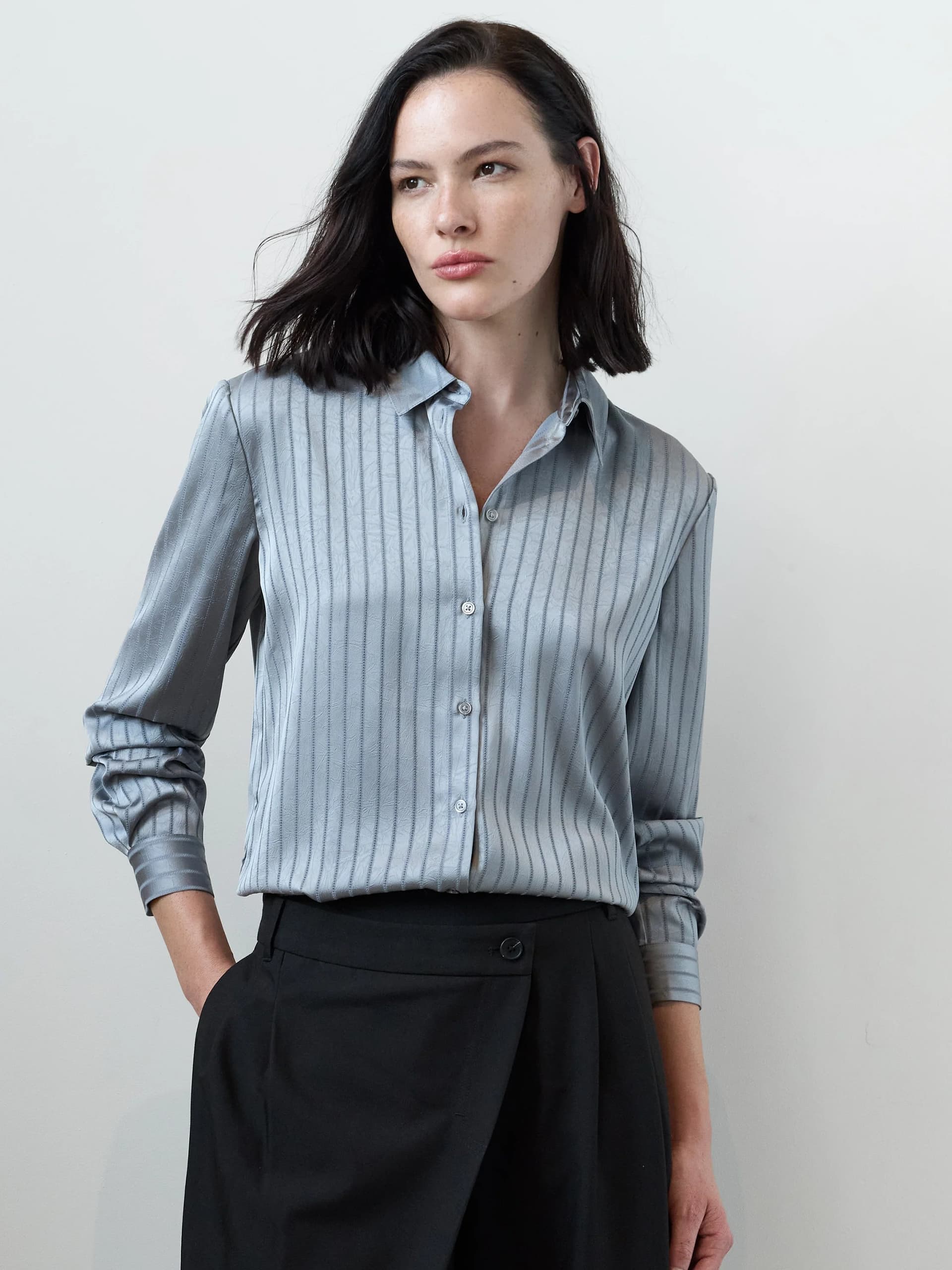 French Connection Maggie Silver Stripe Satin Shirt Silver Grey