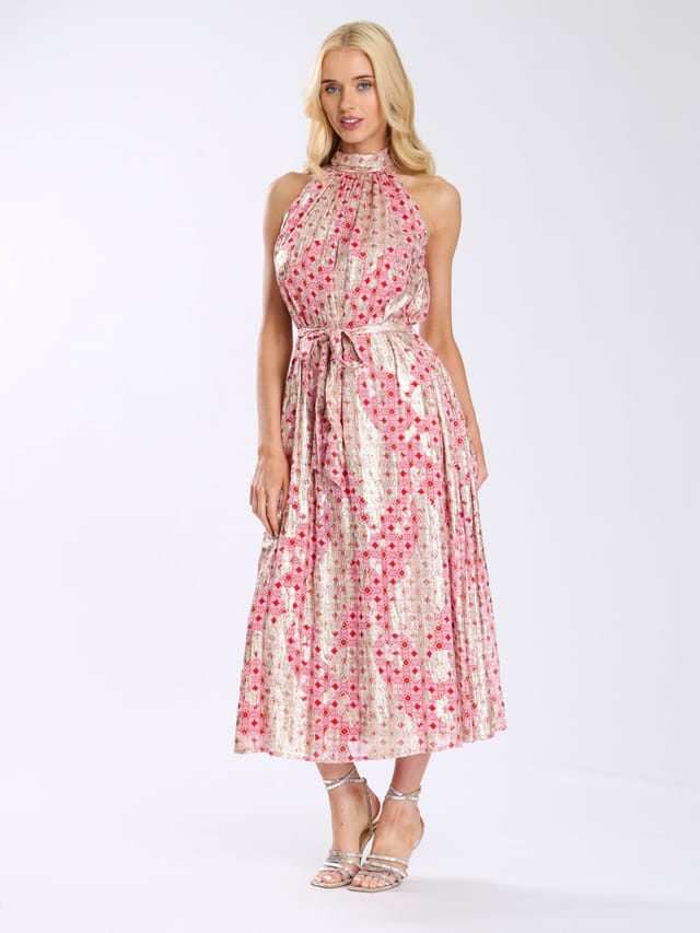Finding Friday Finding Friday Women's High Neck Tie Waist Midi Dress in Red - 2