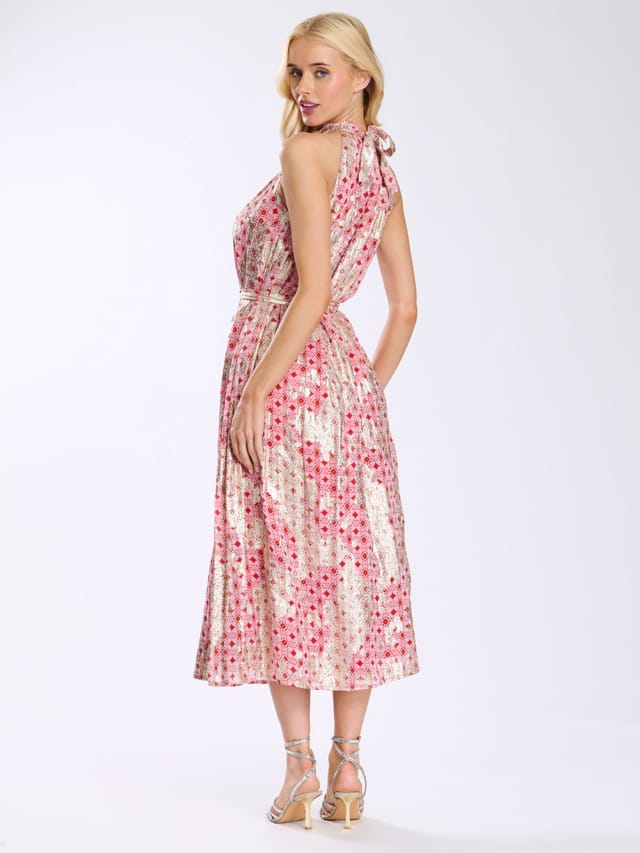 Finding Friday Finding Friday Women's High Neck Tie Waist Midi Dress in Red - 3