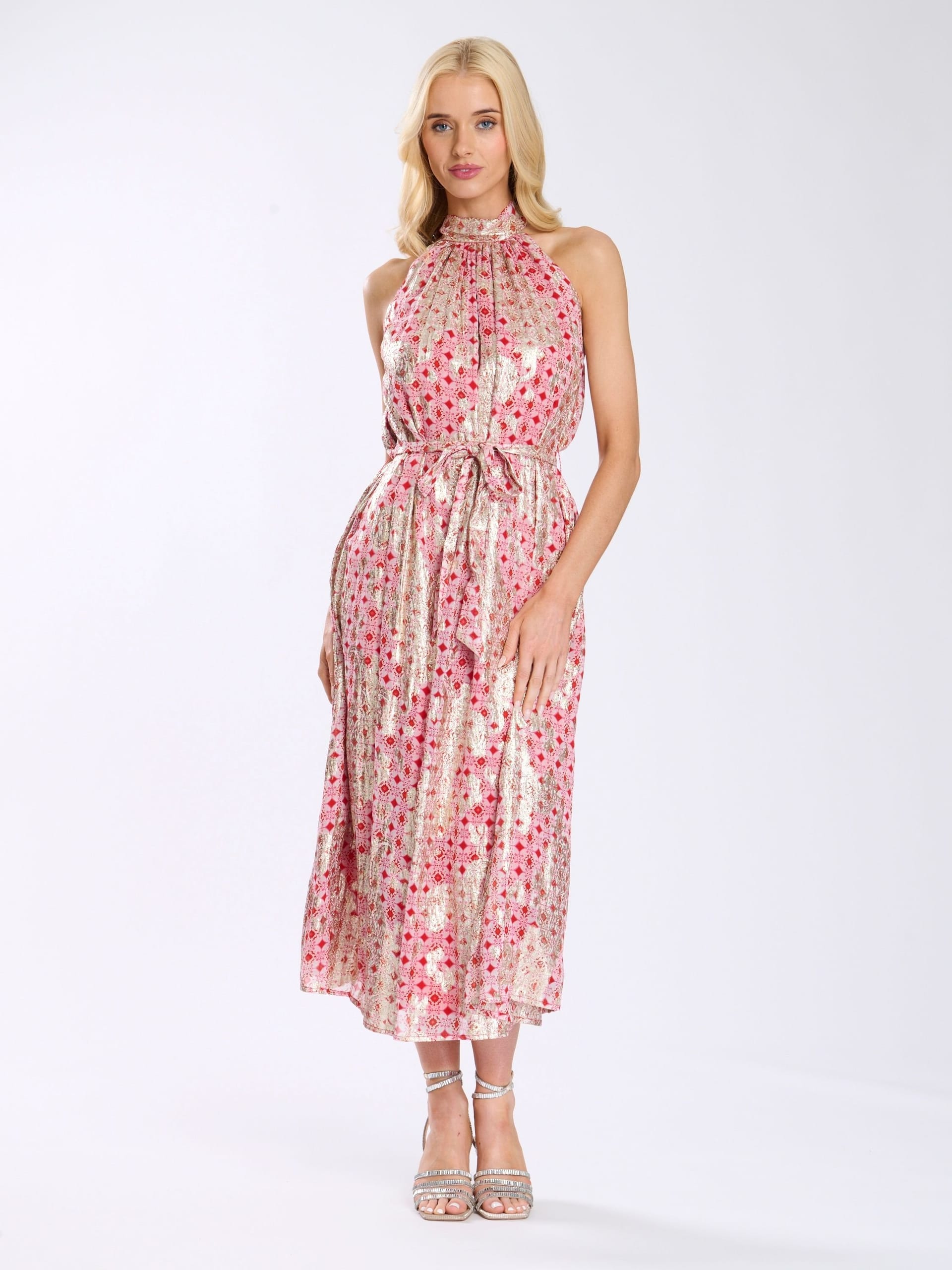 Finding Friday Finding Friday Women's High Neck Tie Waist Midi Dress in Red - 4