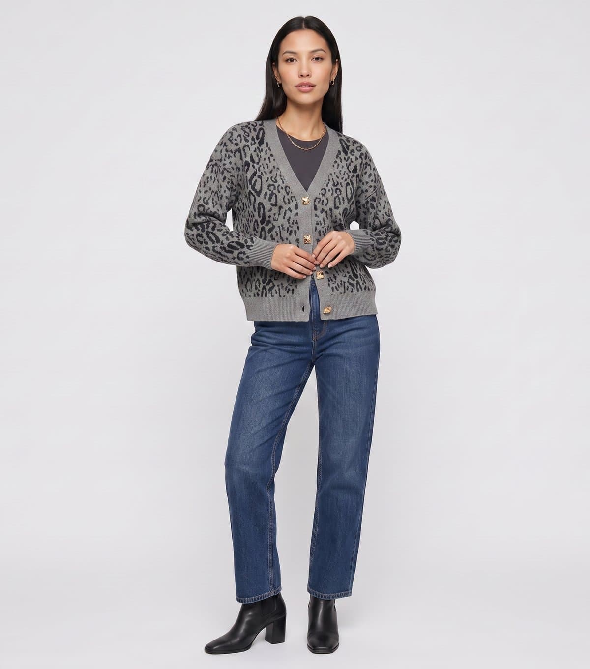 Gini London Women's Grey Leopard Print V-Neck Long Sleeve Cardigan Gini London New Look