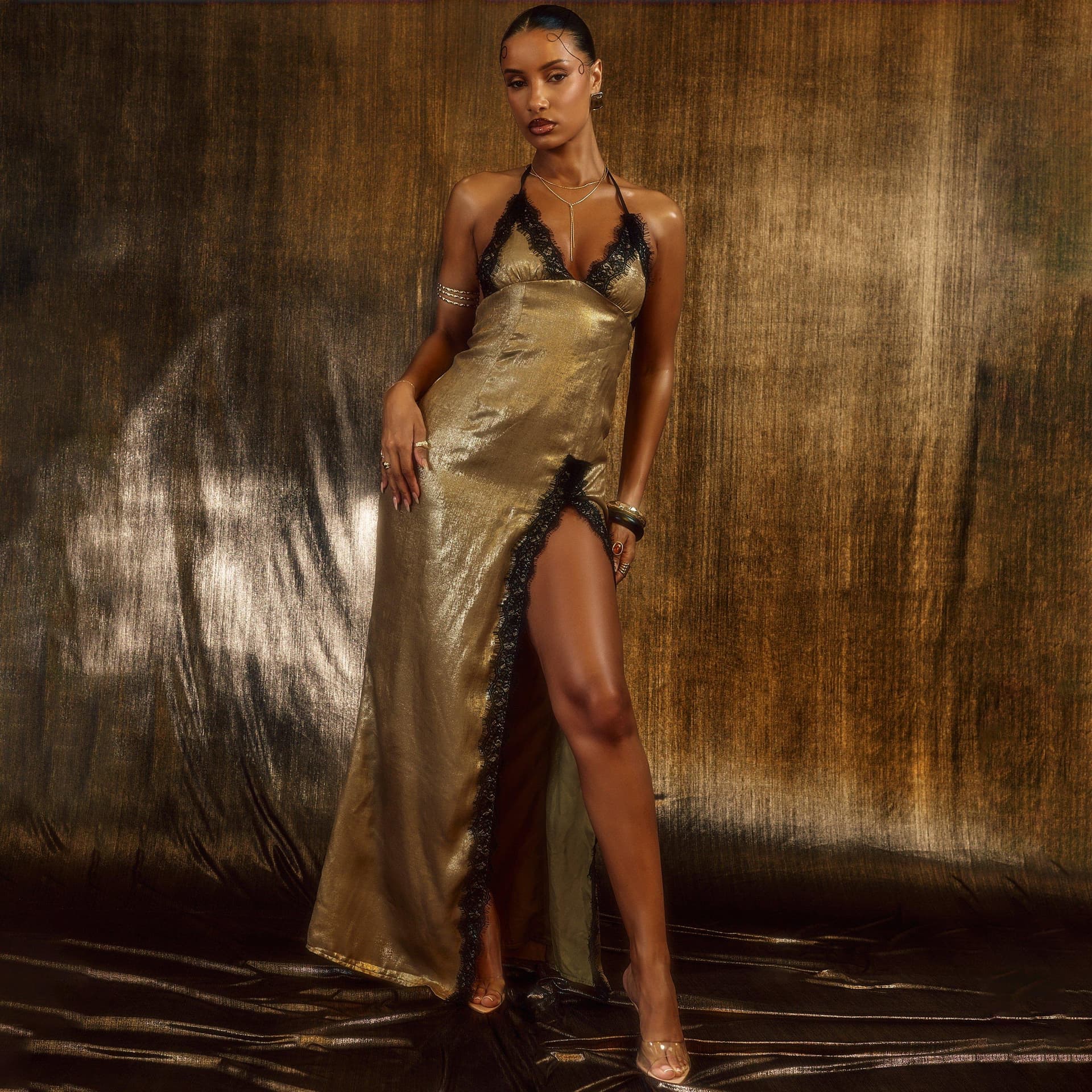 EGO EGO Gold Metallic Plunge Neck Maxi Dress