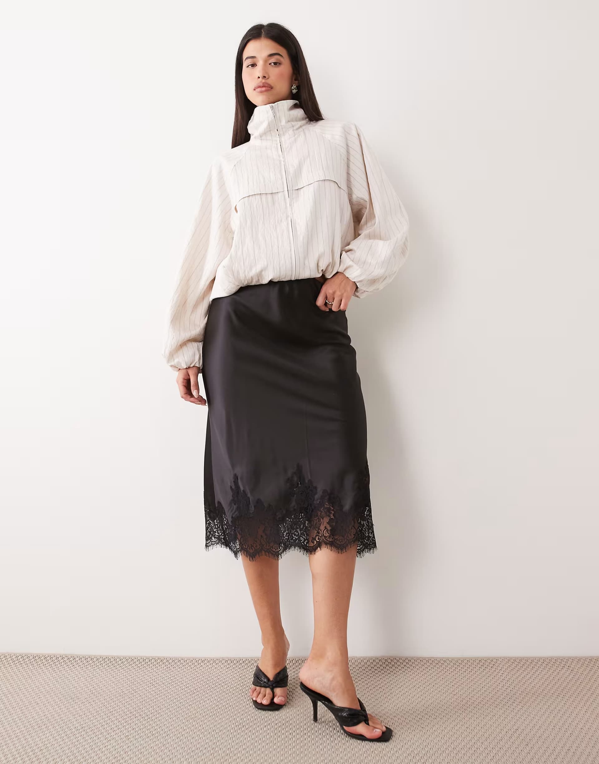 ASOS Gina Tricot lace trim satin skirt in black