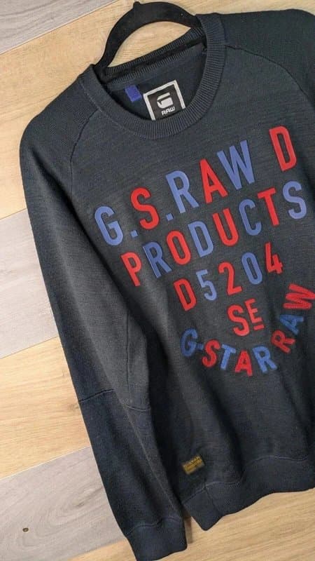G-Star RAW G-STAR Raw Jumper Mens Size Large Black Crew Neck Embossed Fine Knit Elbow Patch