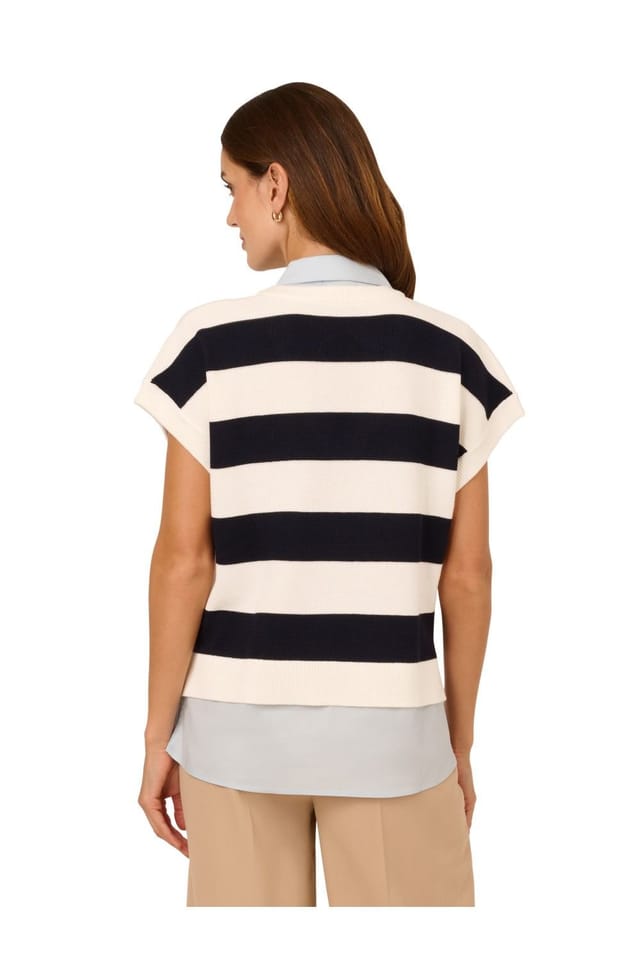 Adrianna Papell Adrianna Papell Women's Rugby Striped V-Neck Vest Twofer Sweater with Woven Combo in Navy - 3