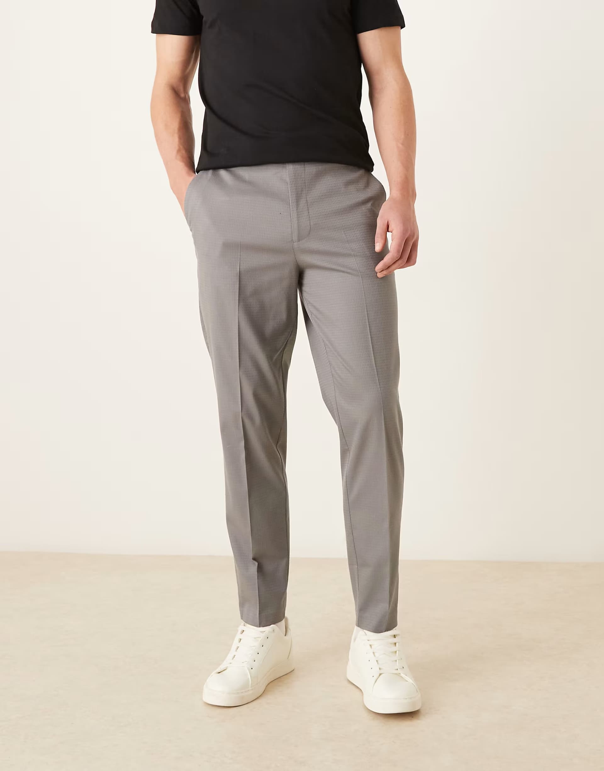 ASOS ASOS DESIGN smart tapered trouser with back adjuster in grey microtexture