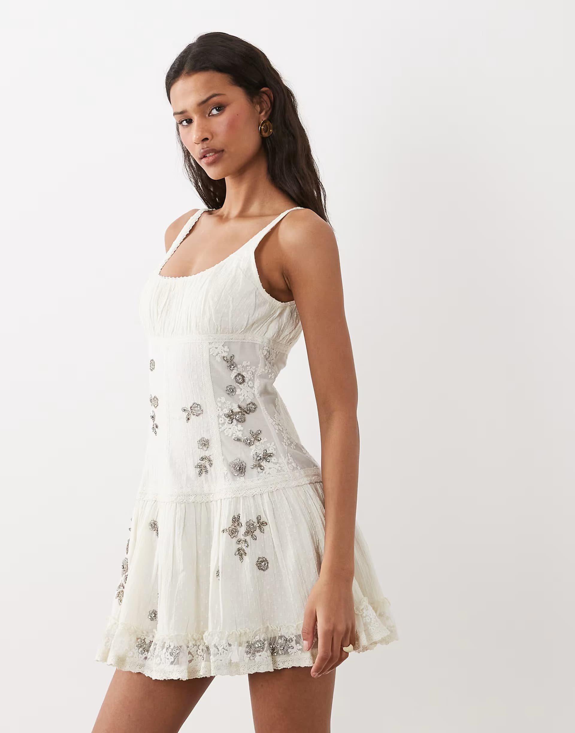 ASOS ASOS DESIGN scoop neck mini dress with sheer lace panels and floral embellishment in antique white