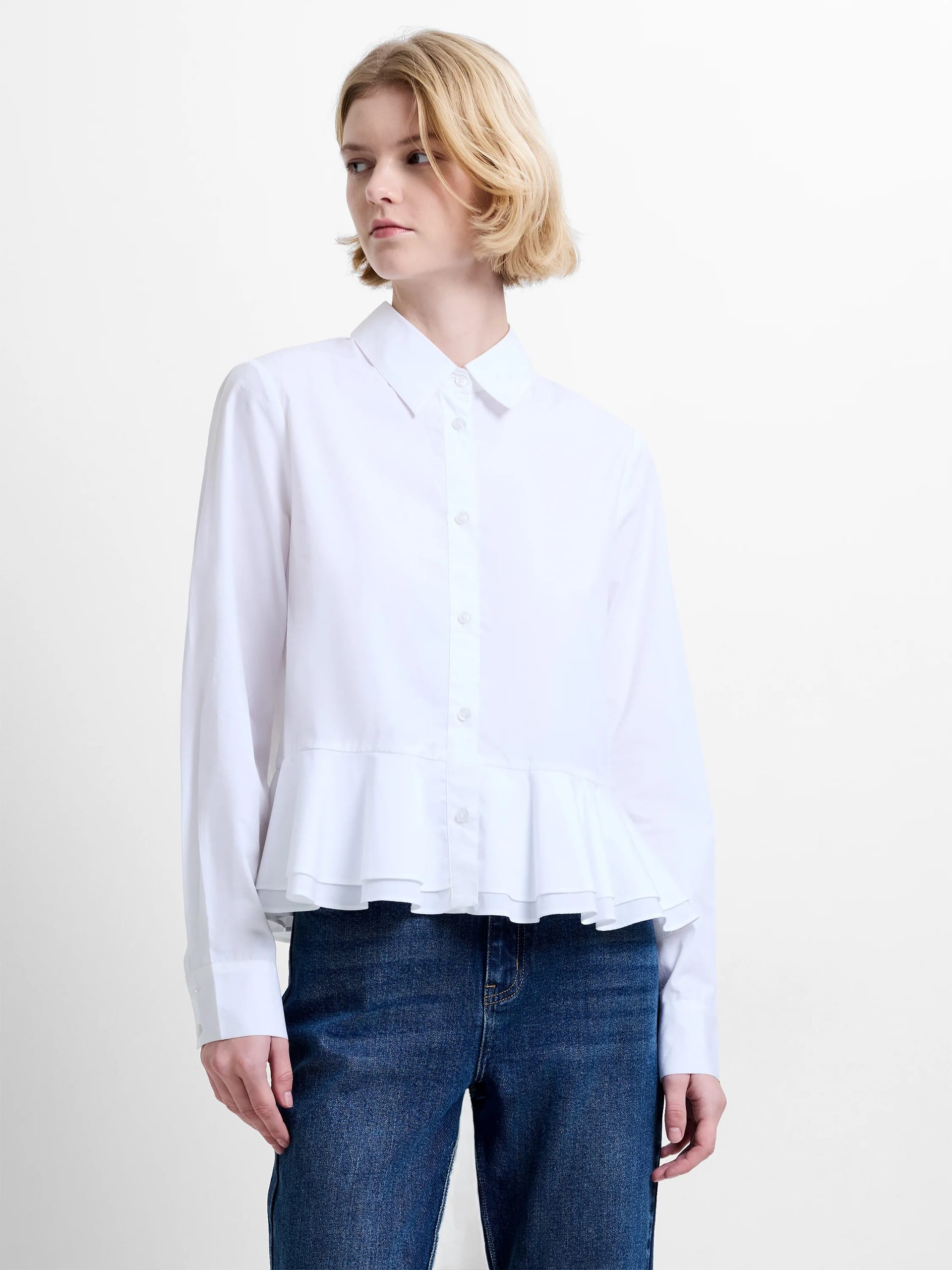 French Connection White Cotton Ruffle Hem Peplum Shirt