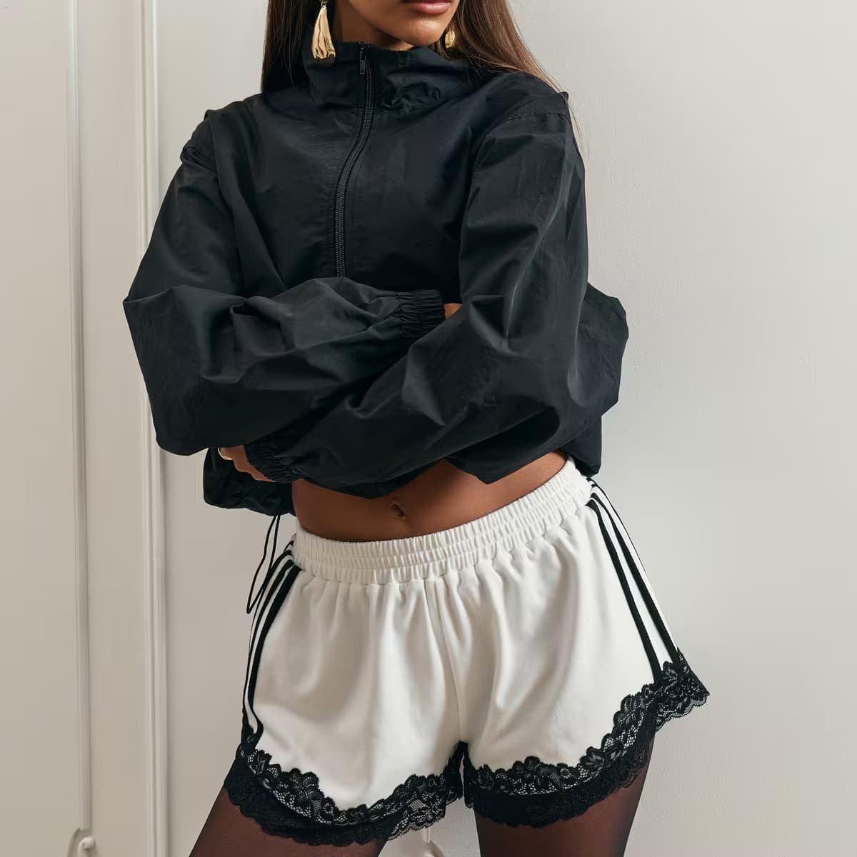 EGO Mid Rise Contrast Lace Trim Side Stripe Mini Shorts In White, Women's Size UK 6