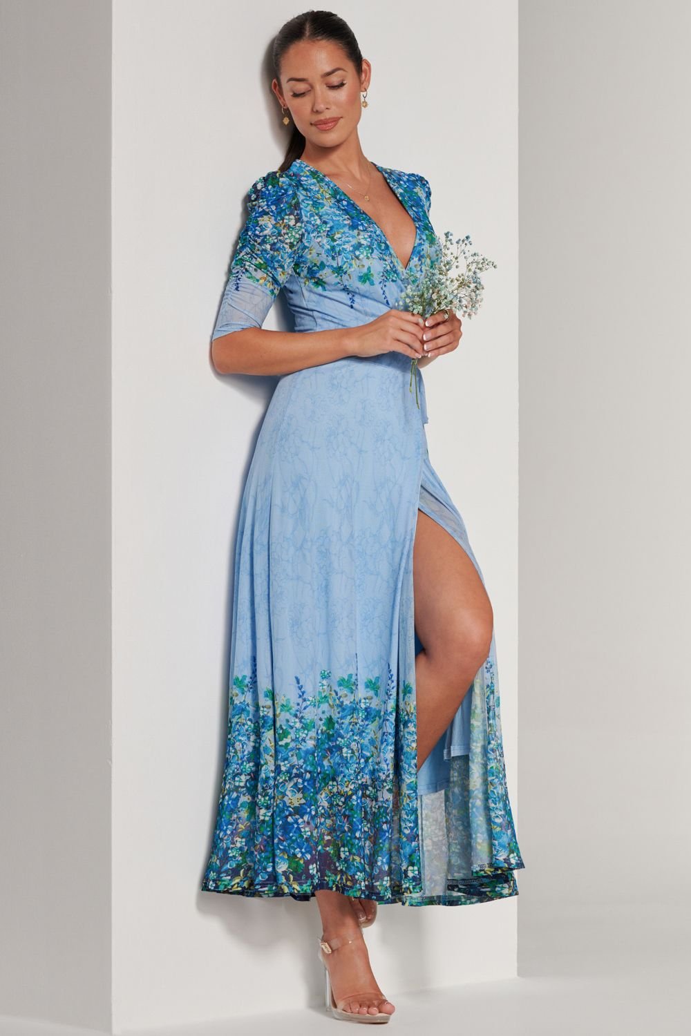 Jolie Moi Jolie Moi Women's Peggy Ruched Sleeve Wrap Mesh Maxi Dress in Blue - 2