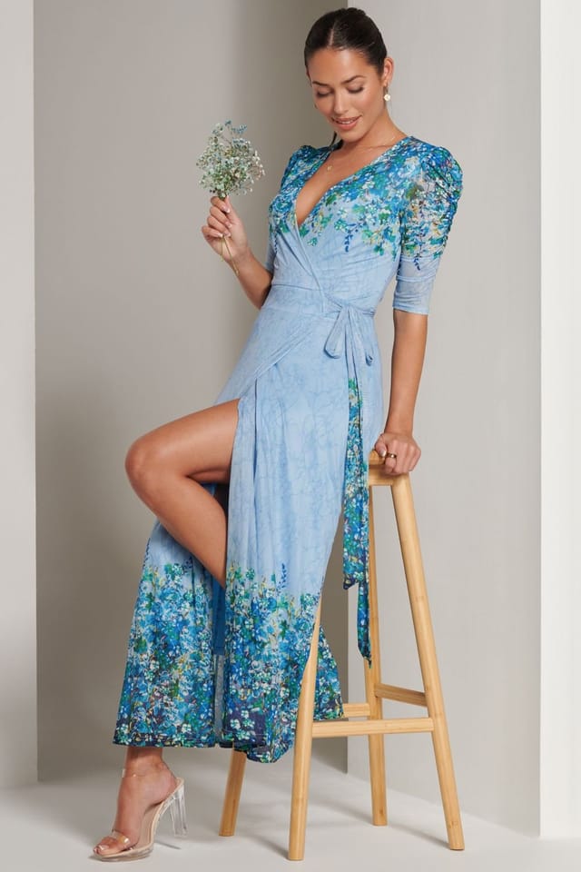 Jolie Moi Jolie Moi Women's Peggy Ruched Sleeve Wrap Mesh Maxi Dress in Blue - 2