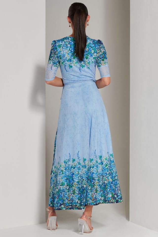 Jolie Moi Jolie Moi Women's Peggy Ruched Sleeve Wrap Mesh Maxi Dress in Blue - 3