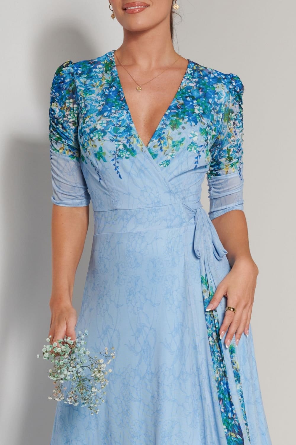Jolie Moi Jolie Moi Women's Peggy Ruched Sleeve Wrap Mesh Maxi Dress in Blue - 4