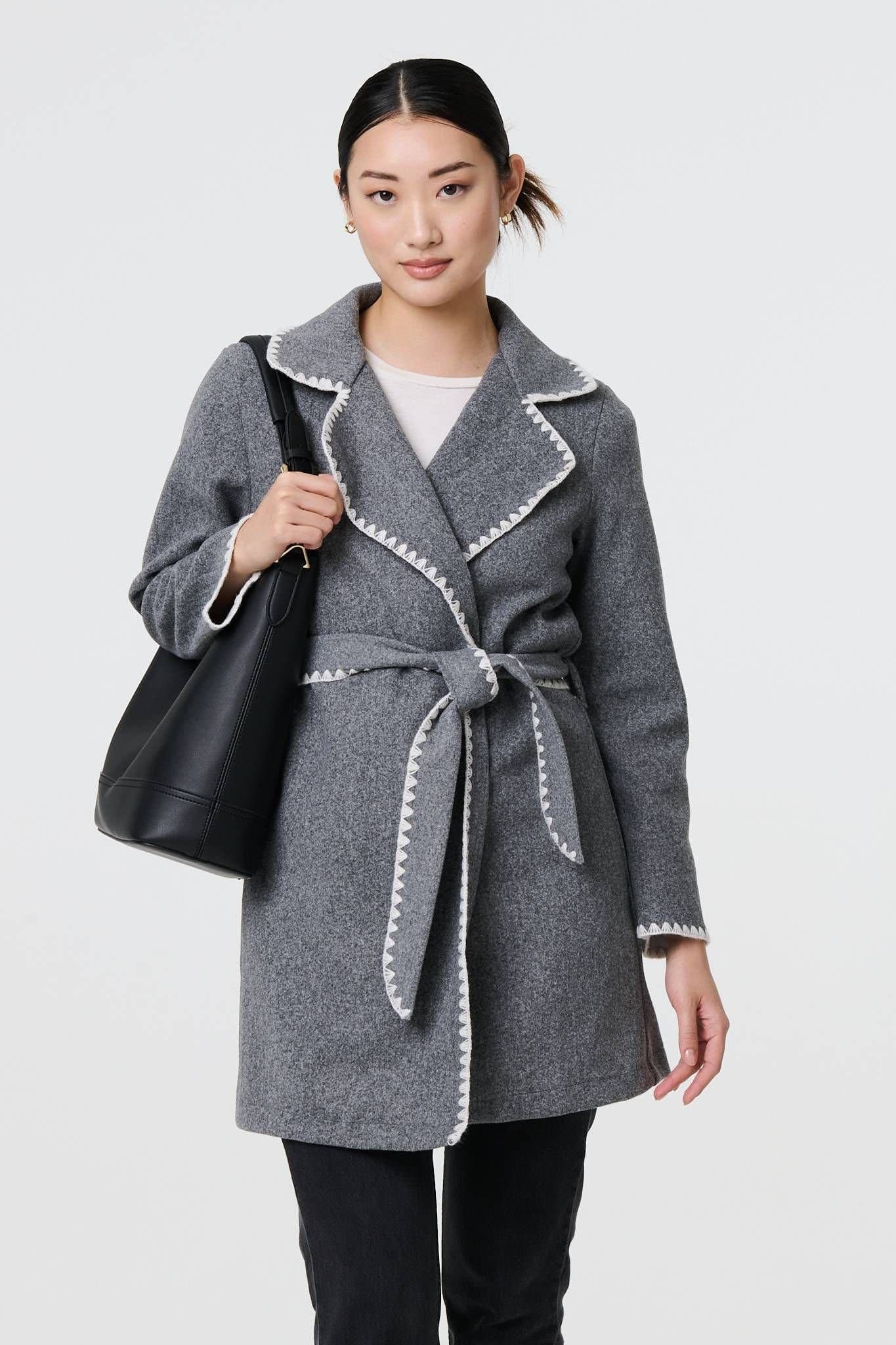 Izabel London Izabel London Women's Blanket Stich Coat with Belt in Grey