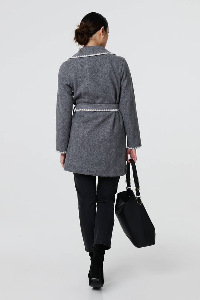 Izabel London Izabel London Women's Blanket Stich Coat with Belt in Grey - 2