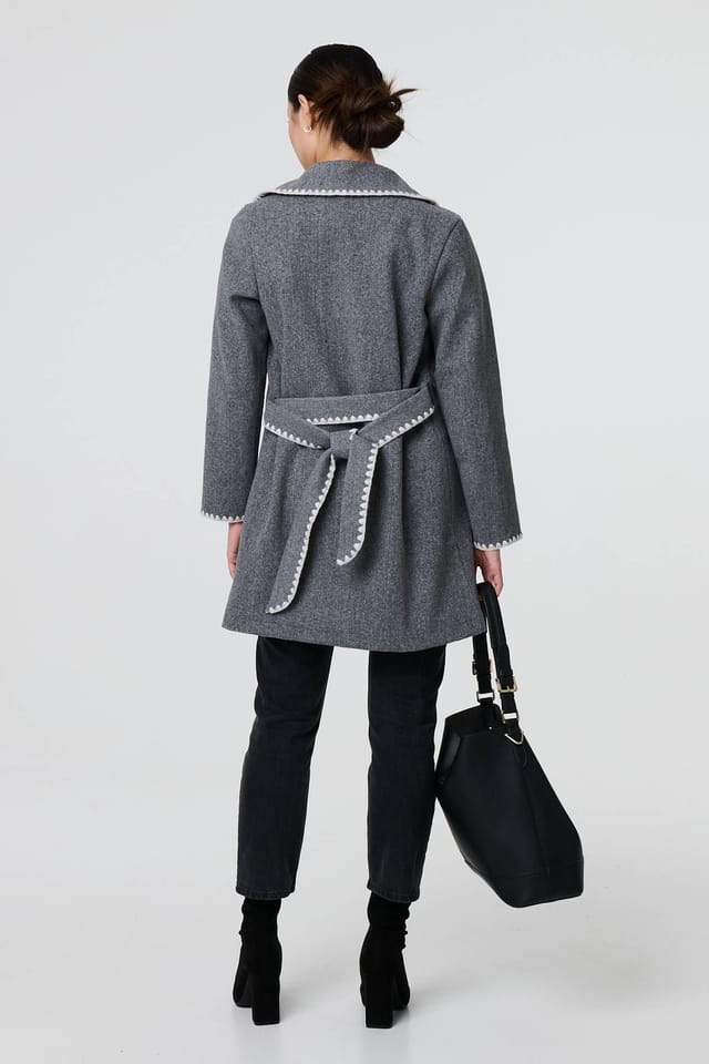 Izabel London Izabel London Women's Blanket Stich Coat with Belt in Grey - 3