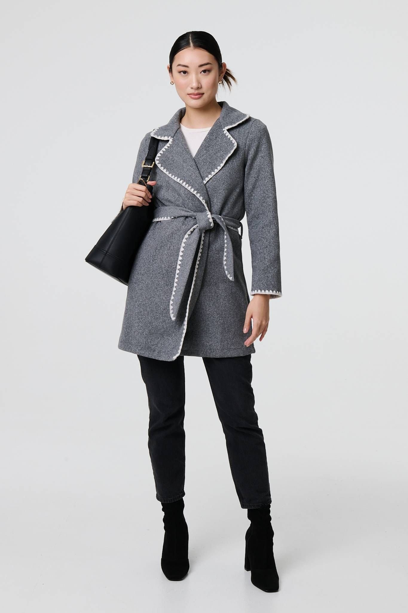 Izabel London Izabel London Women's Blanket Stich Coat with Belt in Grey - 4