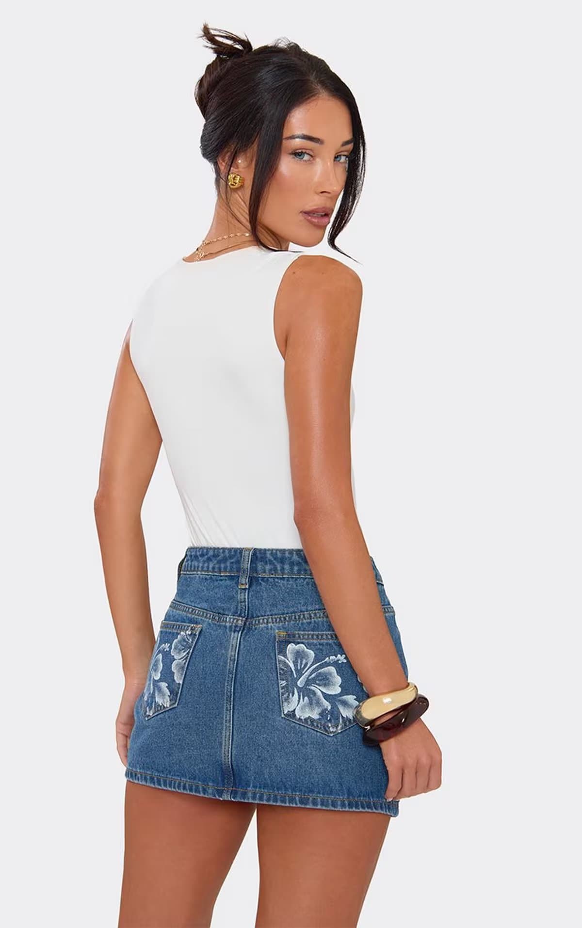 EGO Mid Rise Floral Print Pocket Detail Mini Skirt In Mid Blue Denim, Women's Size UK 6
