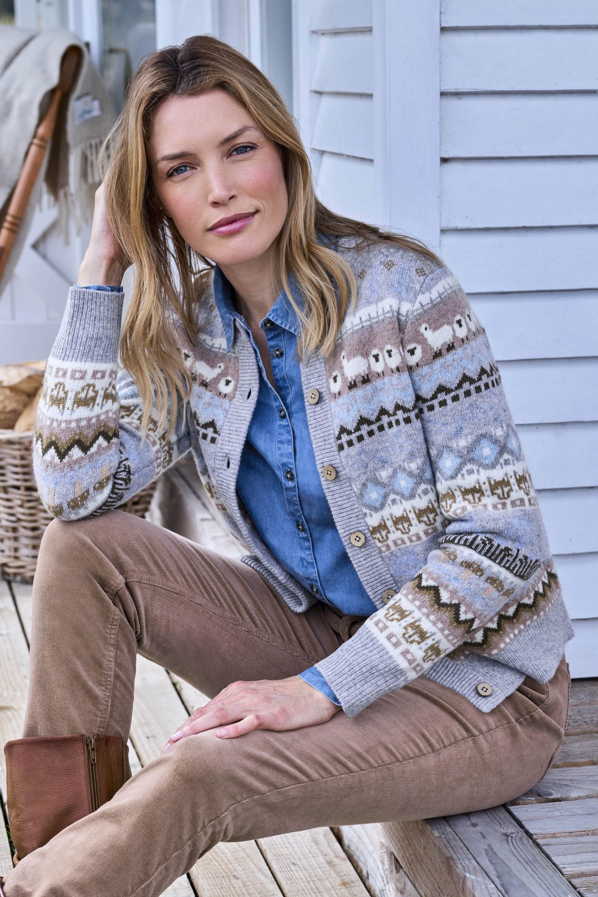 WoolOvers WoolOvers Women's Llama & Friends Fairisle Cardigan in Grey