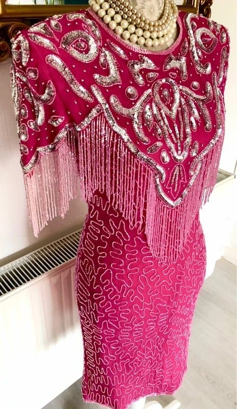 FLAPPER Vintage 1920s Silk 100% Pink Beaded Gatsby Flapper Dress size 12