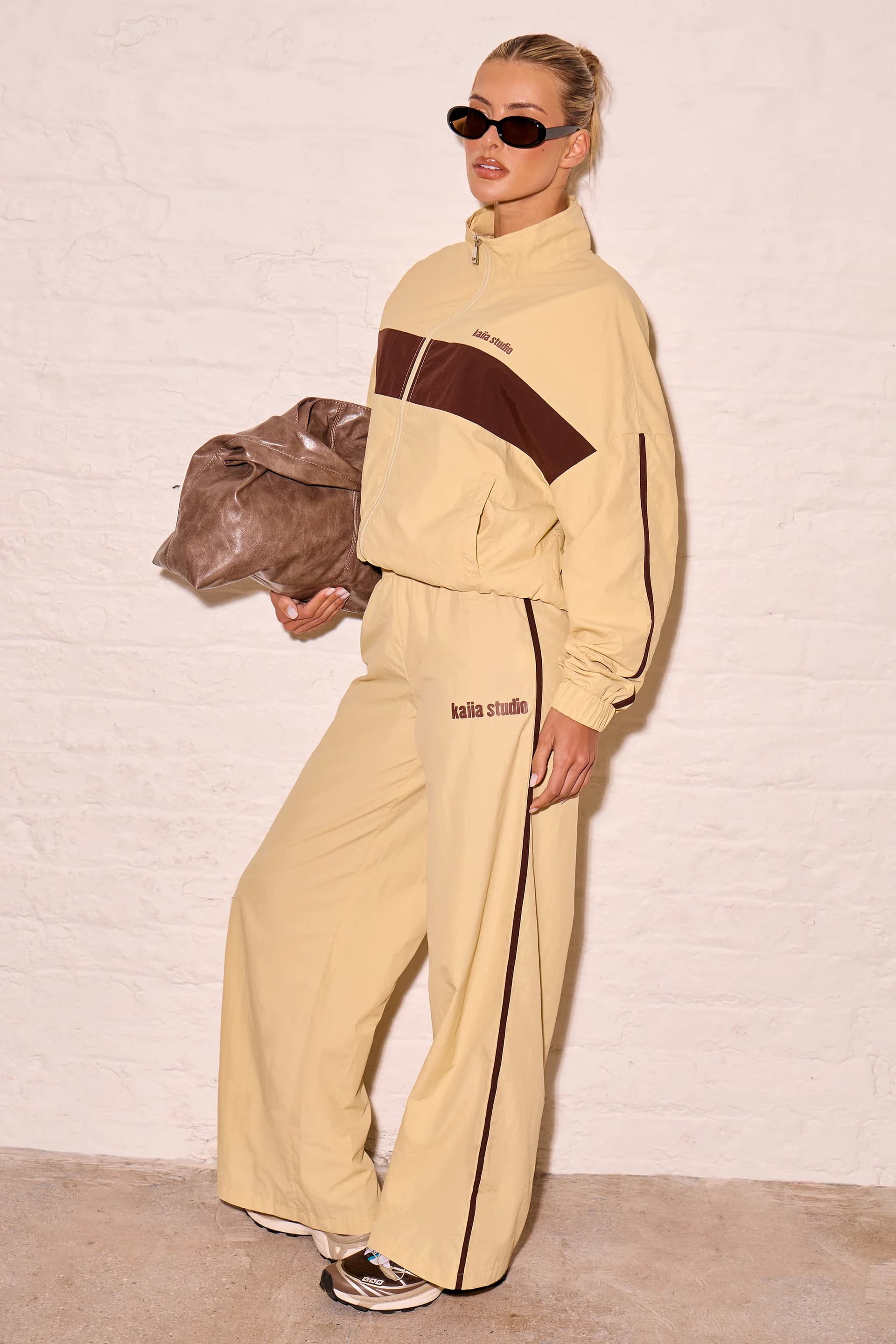 Kaiia Kaiia Woven Stripe Wide Leg Trousers in Biscuit