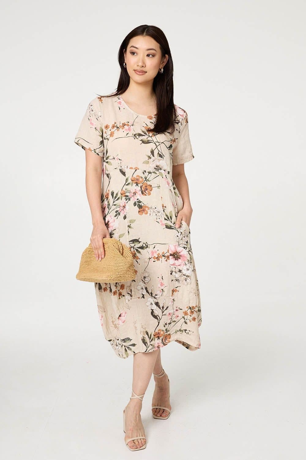 Izabel London Izabel London Women's Floral Short Sleeve Oversized Midi Dress in Beige