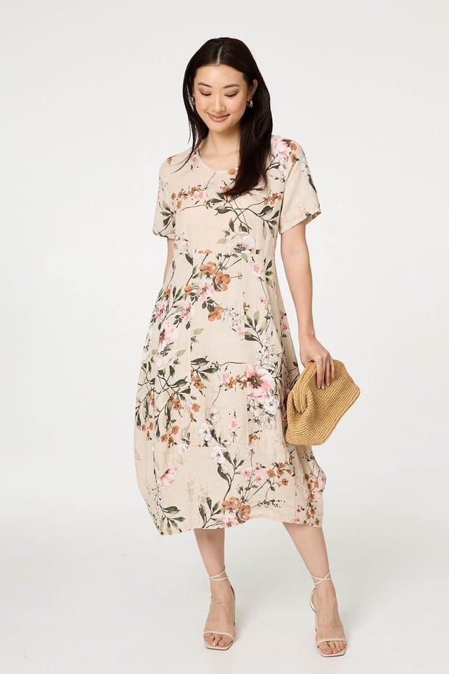 Izabel London Izabel London Women's Floral Short Sleeve Oversized Midi Dress in Beige - 2