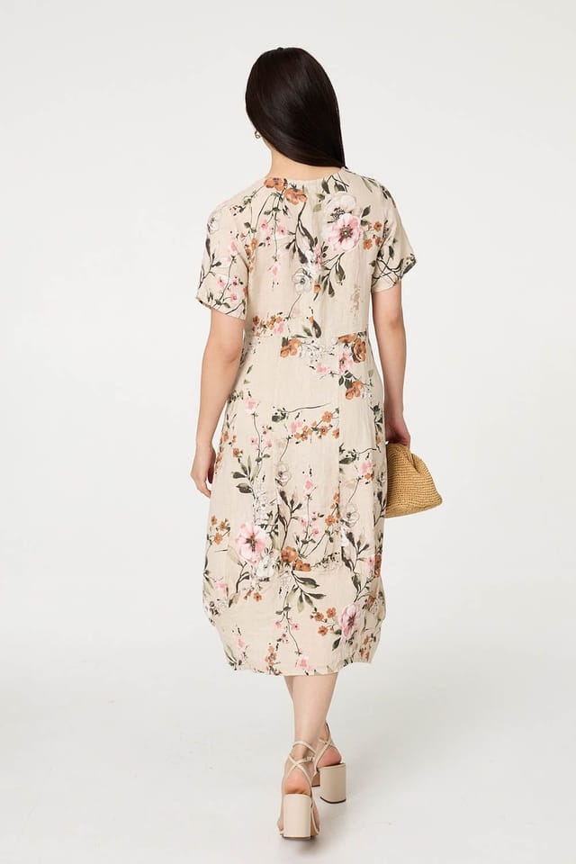 Izabel London Izabel London Women's Floral Short Sleeve Oversized Midi Dress in Beige - 3