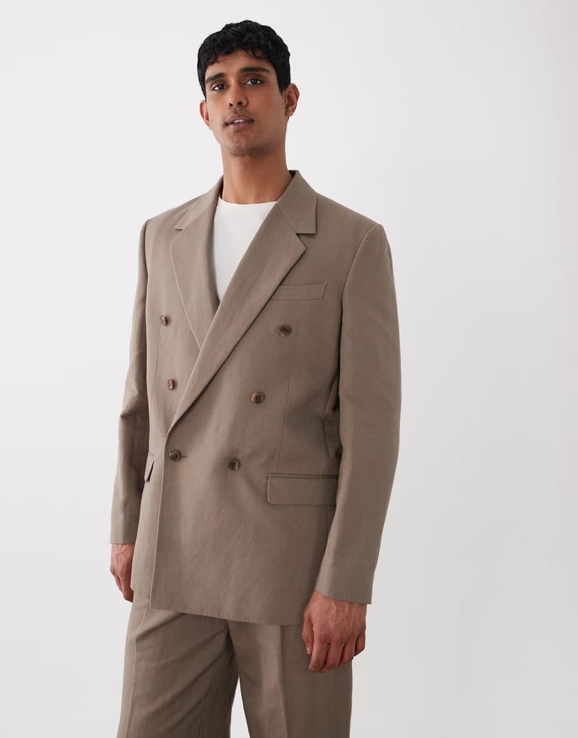 ASOS ASOS DESIGN relaxed double breasted linen rich suit jacket in dark brown - 1