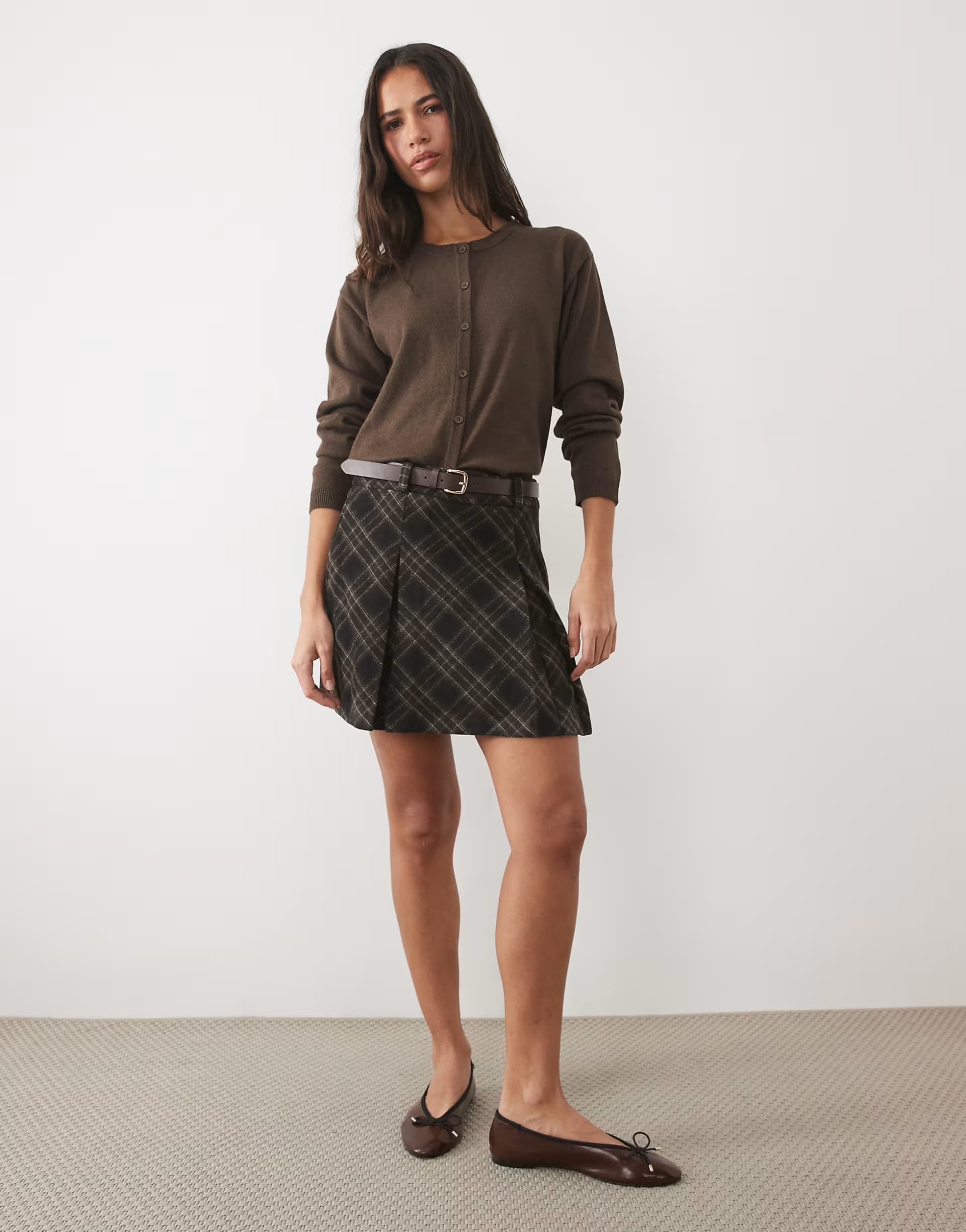 ASOS New Look check brush belted mini skirt in brown