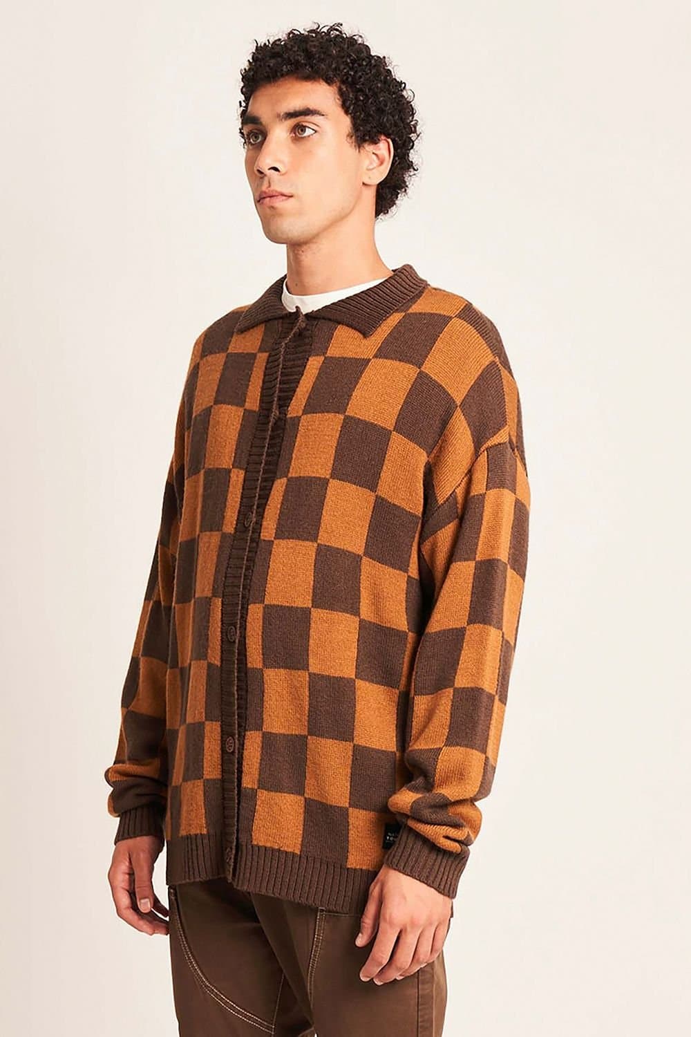 Native Youth Native Youth Men's Wool Blend Checkerboard Knitted Jacket in Brown