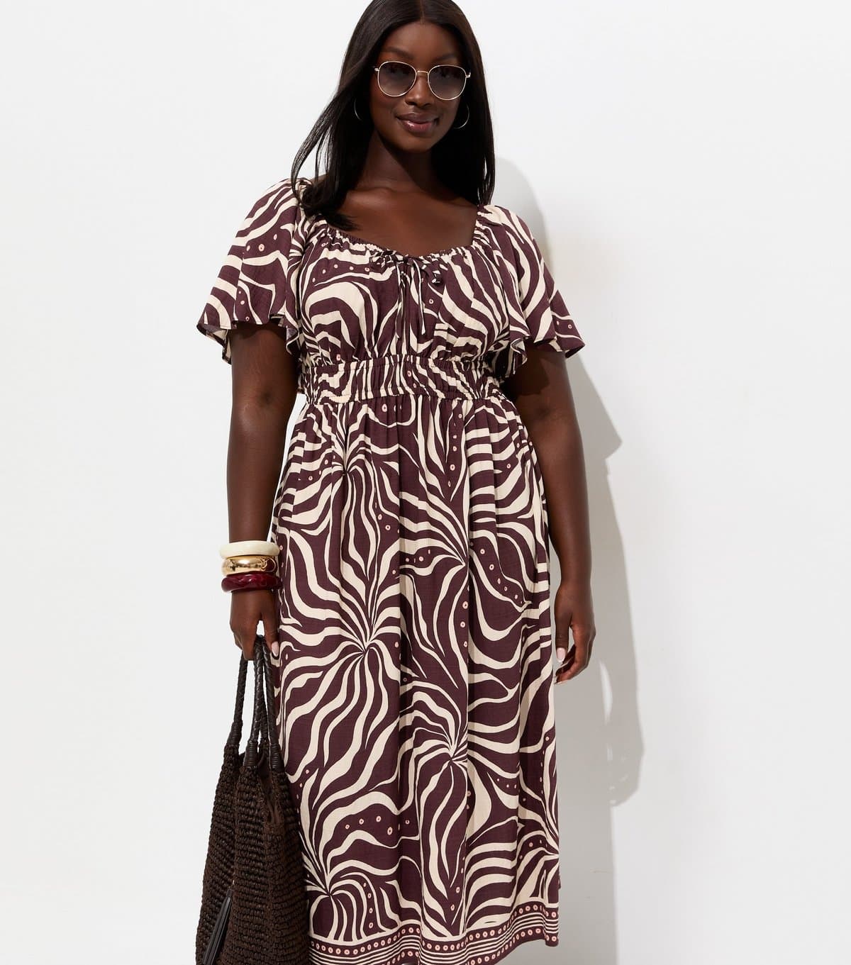 New Look Women's Plus Size Brown Printed Flutter Sleeve Milkmaid Midi Dress Curves New Look