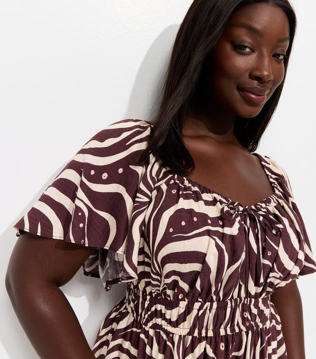 New Look Women's Plus Size Brown Printed Flutter Sleeve Milkmaid Midi Dress Curves New Look - 2