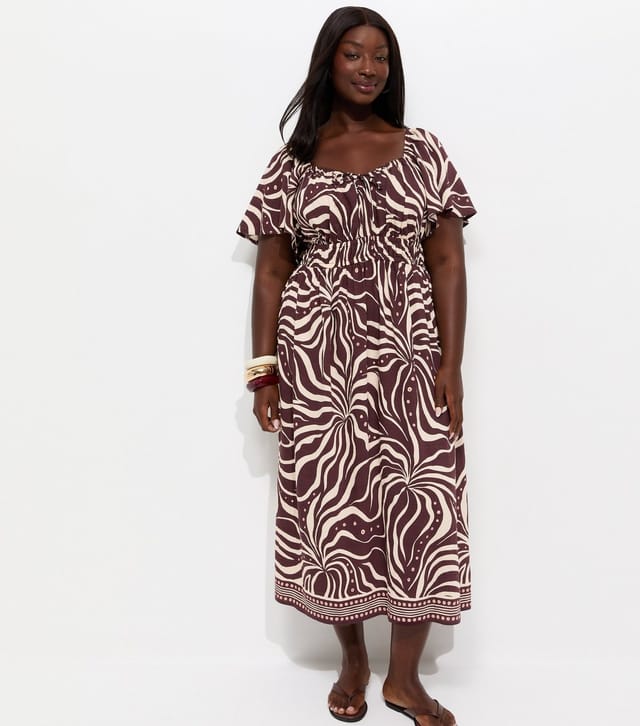 New Look Women's Plus Size Brown Printed Flutter Sleeve Milkmaid Midi Dress Curves New Look - 3