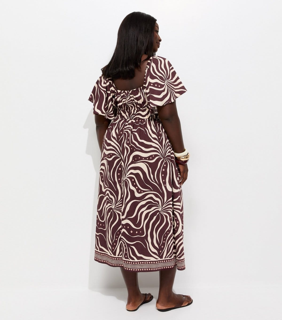 New Look Women's Plus Size Brown Printed Flutter Sleeve Milkmaid Midi Dress Curves New Look - 4