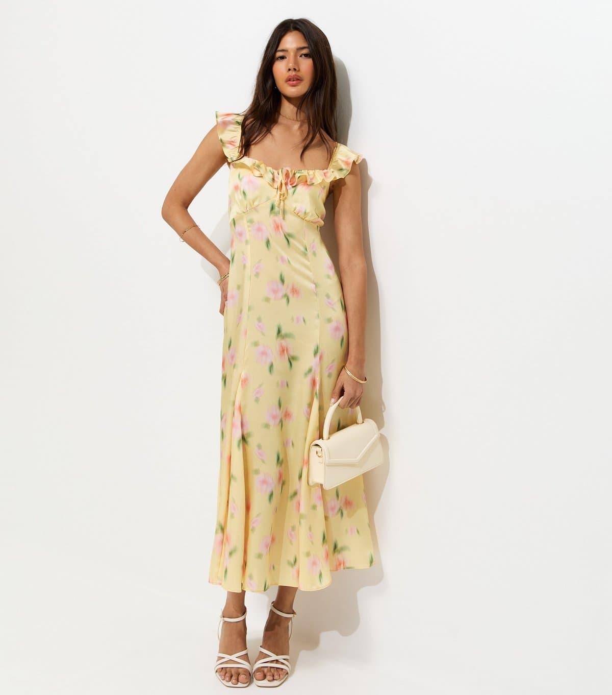 New Look Women's Yellow Floral Print Ruffle Trim Satin Midi Dress New Look