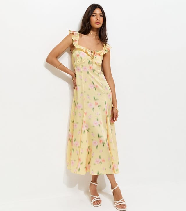 New Look Women's Yellow Floral Print Ruffle Trim Satin Midi Dress New Look - 3