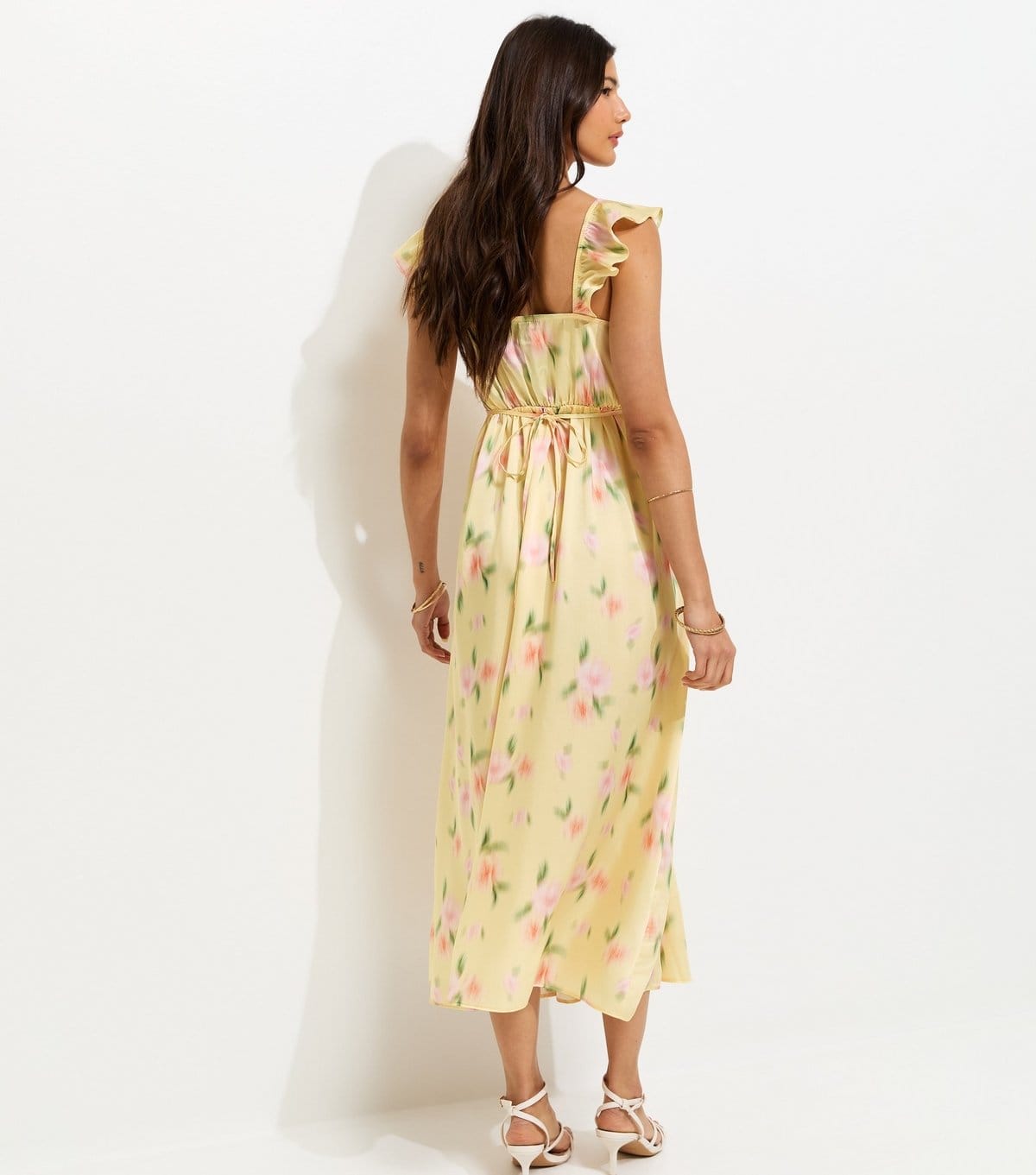 New Look Women's Yellow Floral Print Ruffle Trim Satin Midi Dress New Look - 4