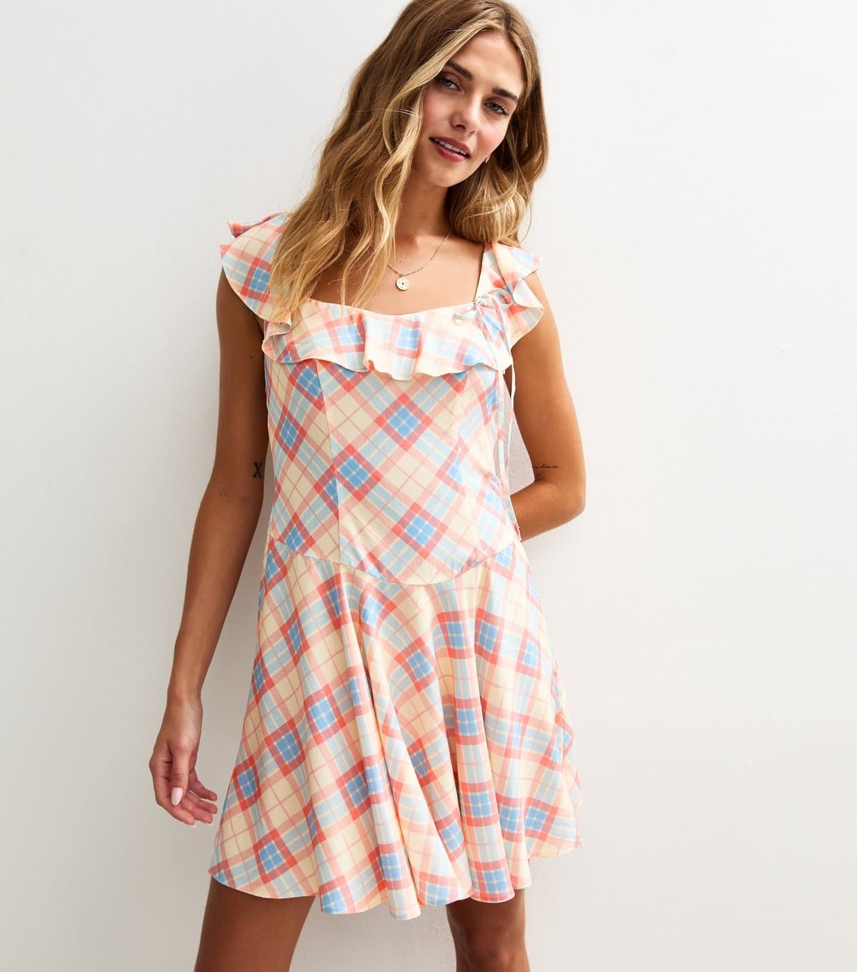 New Look Women's Pink Check Print Ruffle Front Side Bow Mini Dress New Look