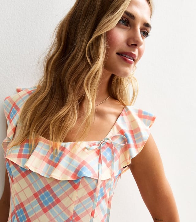 New Look Women's Pink Check Print Ruffle Front Side Bow Mini Dress New Look - 2